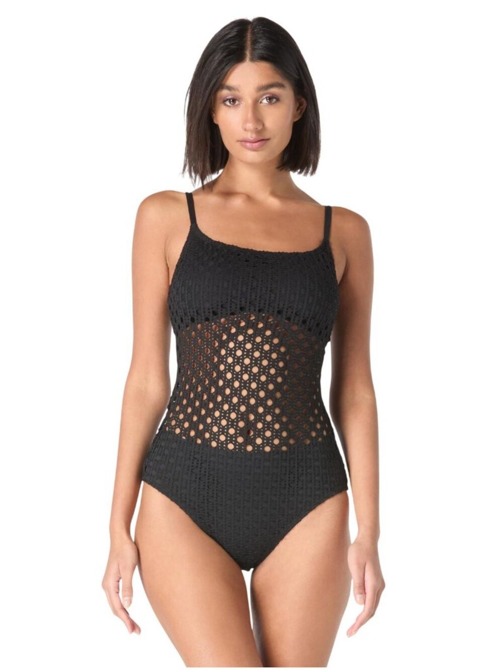 NWT Carmen Marc Valvo Crochet Scoop Neck One Piece Swimsuit C21382 Black 14